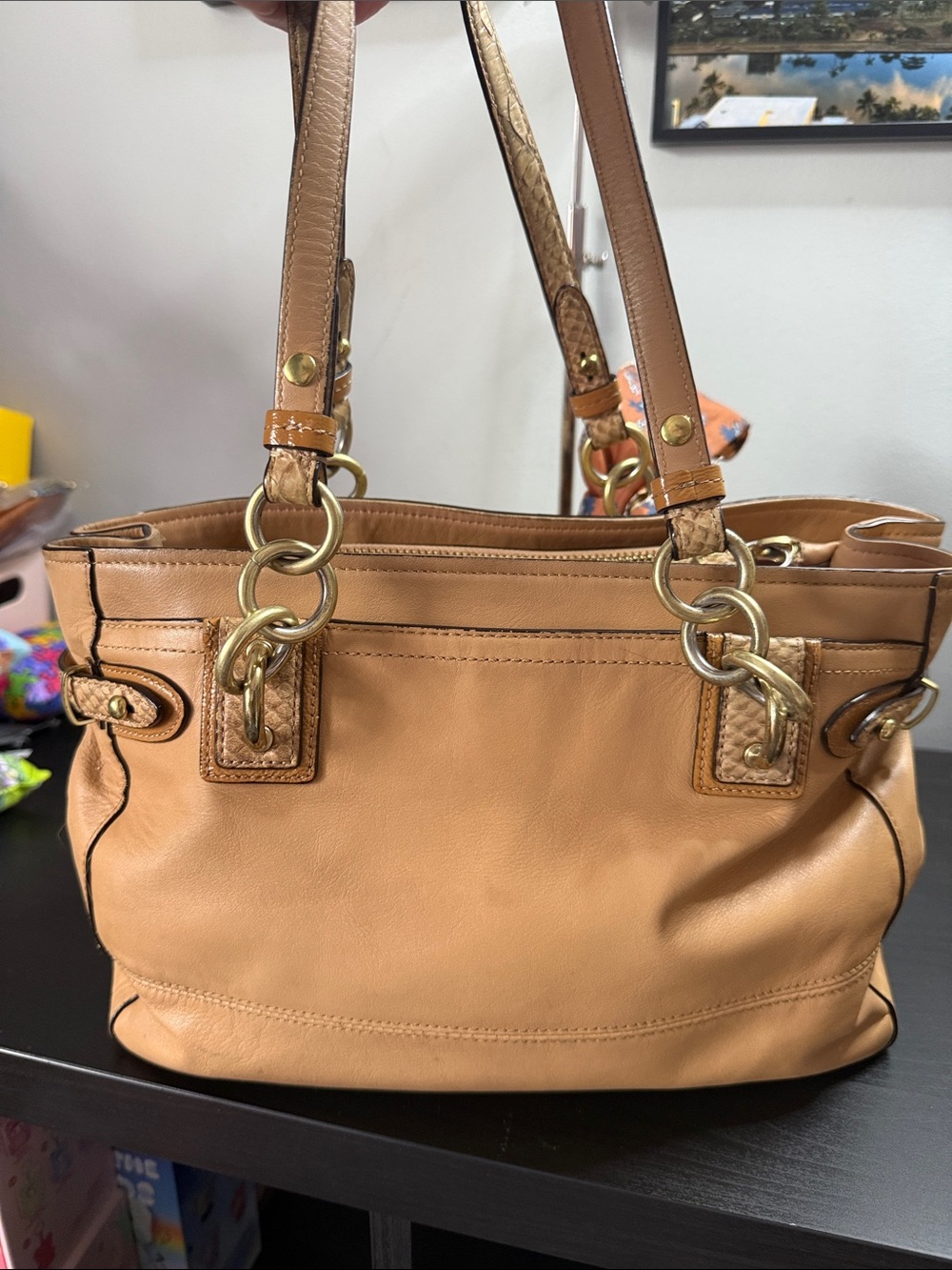 Coach Tan Leather Shoulder Bag with Floral Scarf Accent - Picture 8 of 16